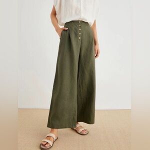 Grae Cove Thalia Wide Leg Palazzo Pants Green 100% Linen Olive